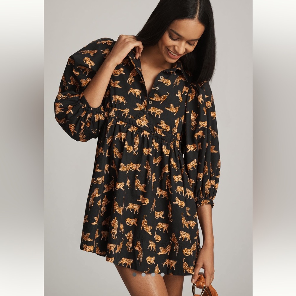 ♥️MAEVE LONG-SLEEVE V-NECK POPLIN MINI DRESS TIGER PRINT